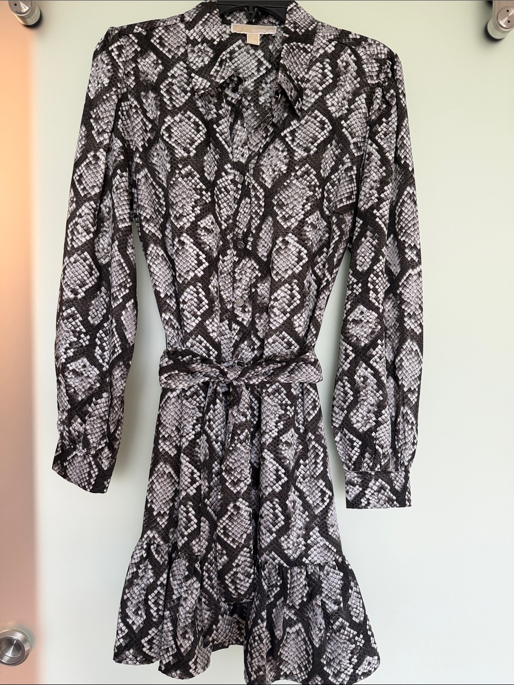 MICHAEL Michael Kors sz LSnake Print Long-Sleeve Tie-Waist Dress — Black & White